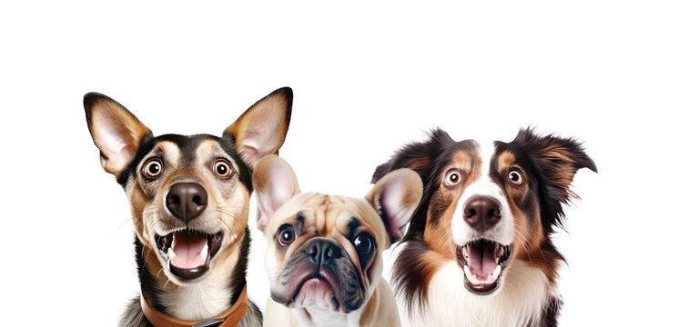 Portrait of Three Surprised Dogs (Pinscher; Bulldog, Collie). AI generative. Isolated on White Background.