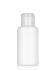 White plastic bottle with spray on white background.