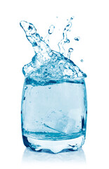 Ice cubes splashing into glass of water, isolated on white background