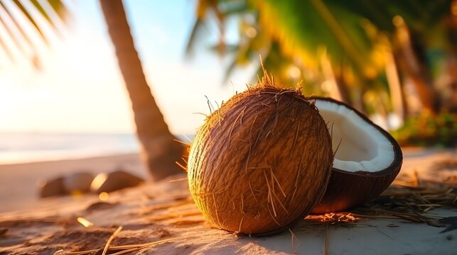 Coconut on sandy beach over blue sea, closeup view. Summer paradise vacation. Tropical vacation concept.