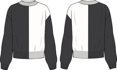 Women's Bicolour Mock Neck Jumper. Technical fashion illustration. Front and back, colored. Women's CAD mock-up. - obrazy, fototapety, plakaty
