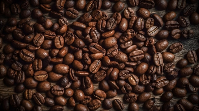 pile of roasted coffee beans in the photo from above ,generative ai