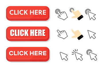 Modern collection for web site. Online shopping. Click here, apply, buttons hand pointer clicking. Vector illustration on a white background.