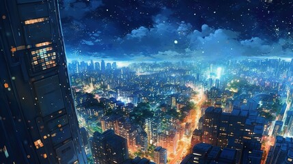Anime japanese starry night from a skyscraper top landscape wallpaper