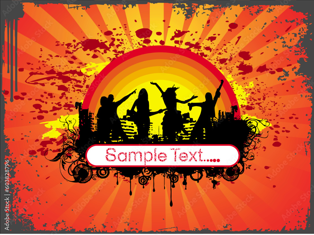 Sticker grunge wallpaper of silhouette dancing people in sample text theme