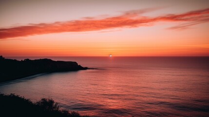 Fototapeta na wymiar The sun is setting over the ocean on a clear day. Generative AI image.