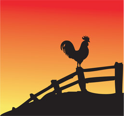 Fototapeta premium Rooster silhouette on fence at sunset