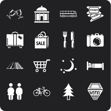 Icon set relating to city or location information for tourist web sites or maps etc. Includes icons for Restaurants, Lodging, Attractions, Shopping, Tours and Daytrips, Suggested Itineraries, Nightlif