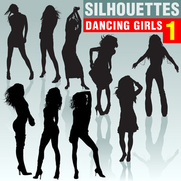 Silhouettes Dancing Girls 01 - High detailed black and white illustrations.