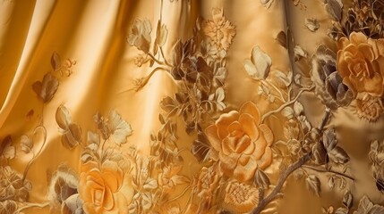 an illustration,golden brocade and silk fabric with floral motifs,generative ai