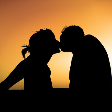 Lovers B - High detailed and coloured vector illustration.  Kiss and sunset background.