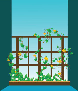 illustration of a window with flowers on vine
