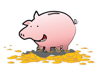 A happy piggy bank stands upon a mountain of gold coins - the savings are a bonus bonanza for it. What a happy pig!