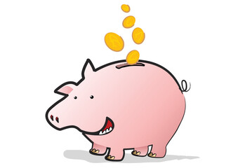 A Happy Piggy Bank saving coins falling through the air