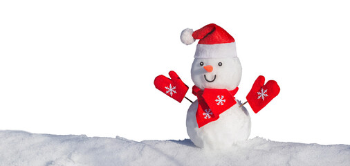 Christmas winter banner with a snowman in a santa hat on his head, on a white isolated background. Holiday background with copy space for text