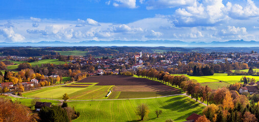 Naklejka premium Autumn landscape, panorama, banner - panorama of the town of Ebersberg and its surroundings from the observation tower above the Ebersberger Alm on the Ludwigshohe hill, Bavaria, Germany