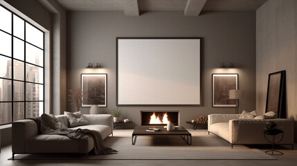 Modern Living Room with an Empty Painting Frame, Showcasing Cozy Ambiance, Generative AI