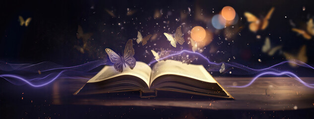 fairytale mystical open book with butterflies and golden sparkles wide banner design for headers with copy space area - Generative AI