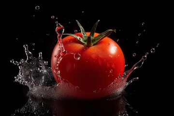 illustration, fresh red tomato falling into water splash, ai generative.