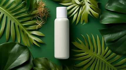 White Lotion or Skincare Container Product Mock Up on Tropical Themed Green Leaves Background - Beauty or Cosmetics Brand Flat Lay - Generative AI