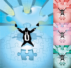 Fototapeta na wymiar A business man completing a jigsaw puzzle, main image on separate layers for easy editing. Also includes several different color versions