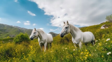 Obraz na płótnie Canvas Two white horses standing in a grassy field. Generative AI image.