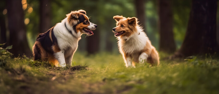 Playful Pets Frolicking in Sunny Forest