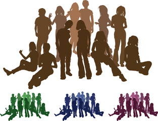 A group of friends each is a complete silhouette on separate layer in the vector files (with the exception of those hugging who are an individual set). Vector file includes several different colour ve
