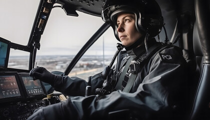 Obraz premium Woman pilot in the cockpit of a helicopter in flight with a view of the city from above, AI generated Generative AI