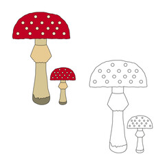 Children's coloring book cartoon mushroom toadstool on a white background.