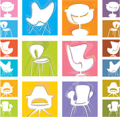 Mod Chair icons (Vector)  Retro stylized chair Icons on colorful backgrounds. Easy-edit layered vector file--No transparencies or strokes!
