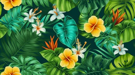 Green Tropical Leaves Seamless Pattern created with Generative AI Technology, ai, generative