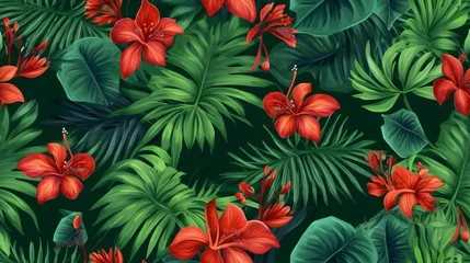 Zelfklevend Fotobehang Green Tropical Leaves Bright Flowers Seamless Pattern created with Generative AI Technology, ai, generative © Wildcat93