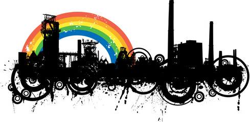 Detailed vector illustration of an industrial skyline with rainbow and grunge