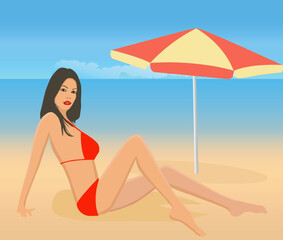 attractive girl on exotic beach - vector art illustration