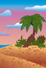 Fototapeta na wymiar Summer scene, beach, palms, vector illustration