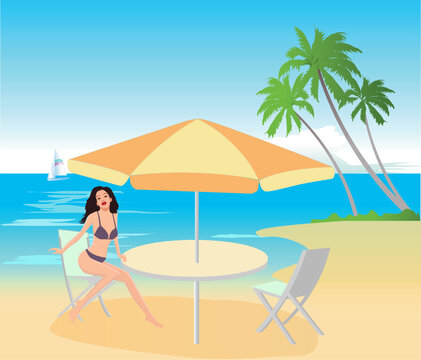 Attractive girl on exotic beach -vector illustration