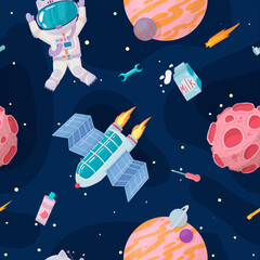Cosmonaut in outer space. UFOs, spaceships, rockets. Solar system, intergalactic travel. Galaxies, planets, asteroids, comets, shooting stars. Vector illustration in cartoon style on  background.