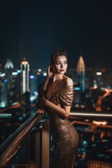 Obraz na płótnie Canvas A woman in a dress standing on a balcony at night. Generative AI image.