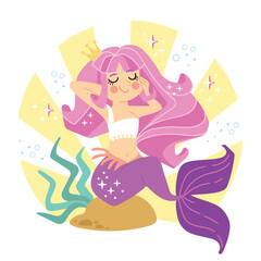 Cute cartoon mermaid with long hair vector illustration