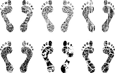 Set of vector human footprints with different grunge patterns