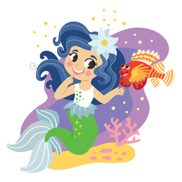 Cute Cartoon Mermaid and fish vector illustration
