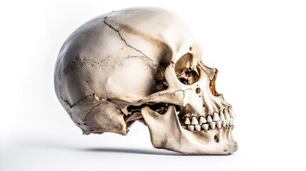 A close up of a human skull on a white surface. Generative AI.