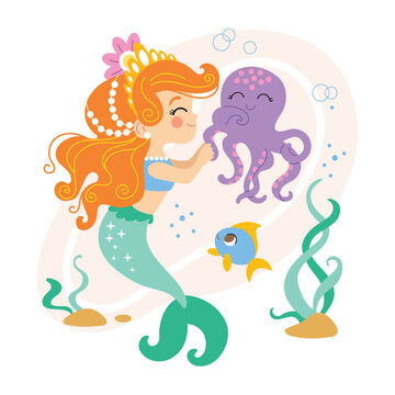 Funny cartoon mermaid and octopus vector illustration
