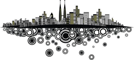 Vector - Brightly lit modern city with retro rings.