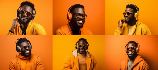 young people in headphones and bright clothes listen to music on a colored background. set, collage.Generative AI 