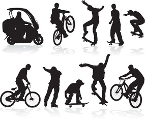 Vector silhouettes man on roller, bicycle, scooter, skateboard.