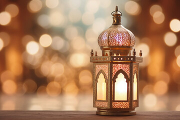 Fototapeta na wymiar Original traditional ornate oriental lantern with beautiful bokeh of holiday lights and mosque in background. AI generative