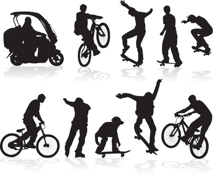 Vector silhouettes man on roller, bicycle, scooter, skateboard.