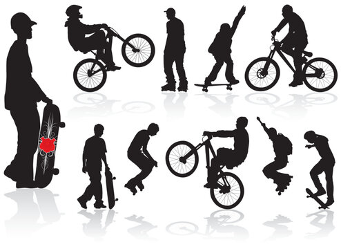 Vector extreme silhouettes man on roller, bicycle, skateboard